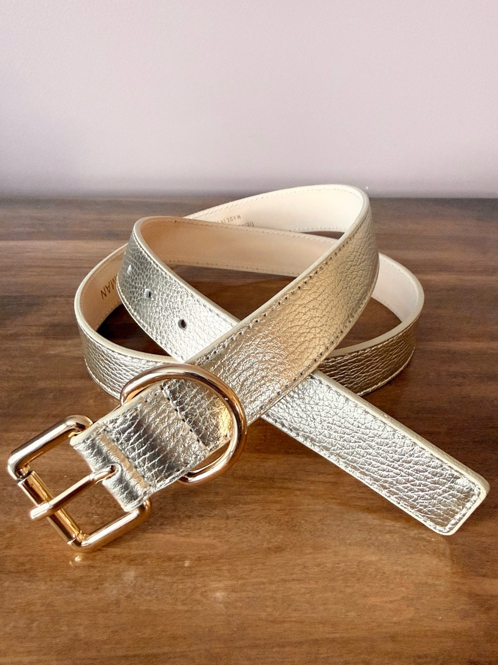 Persaman New York Metallic Gold Leather Belt with Double Ring Buckle